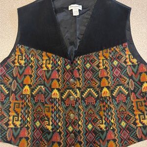 Vintage ADRIAN JORDAN Aztec Suede & Tapestry Vest embroidered 26/28 vtg black